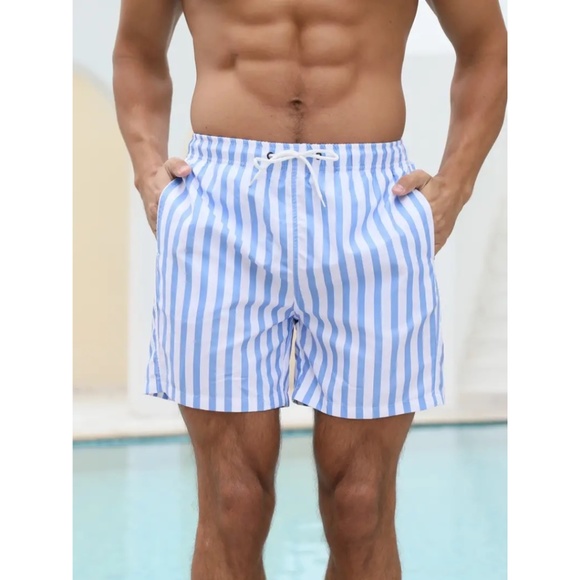 BNWT Isabelle LaRue Men's Blue and White Stripe Swim Shorts - Picture 8 of 9